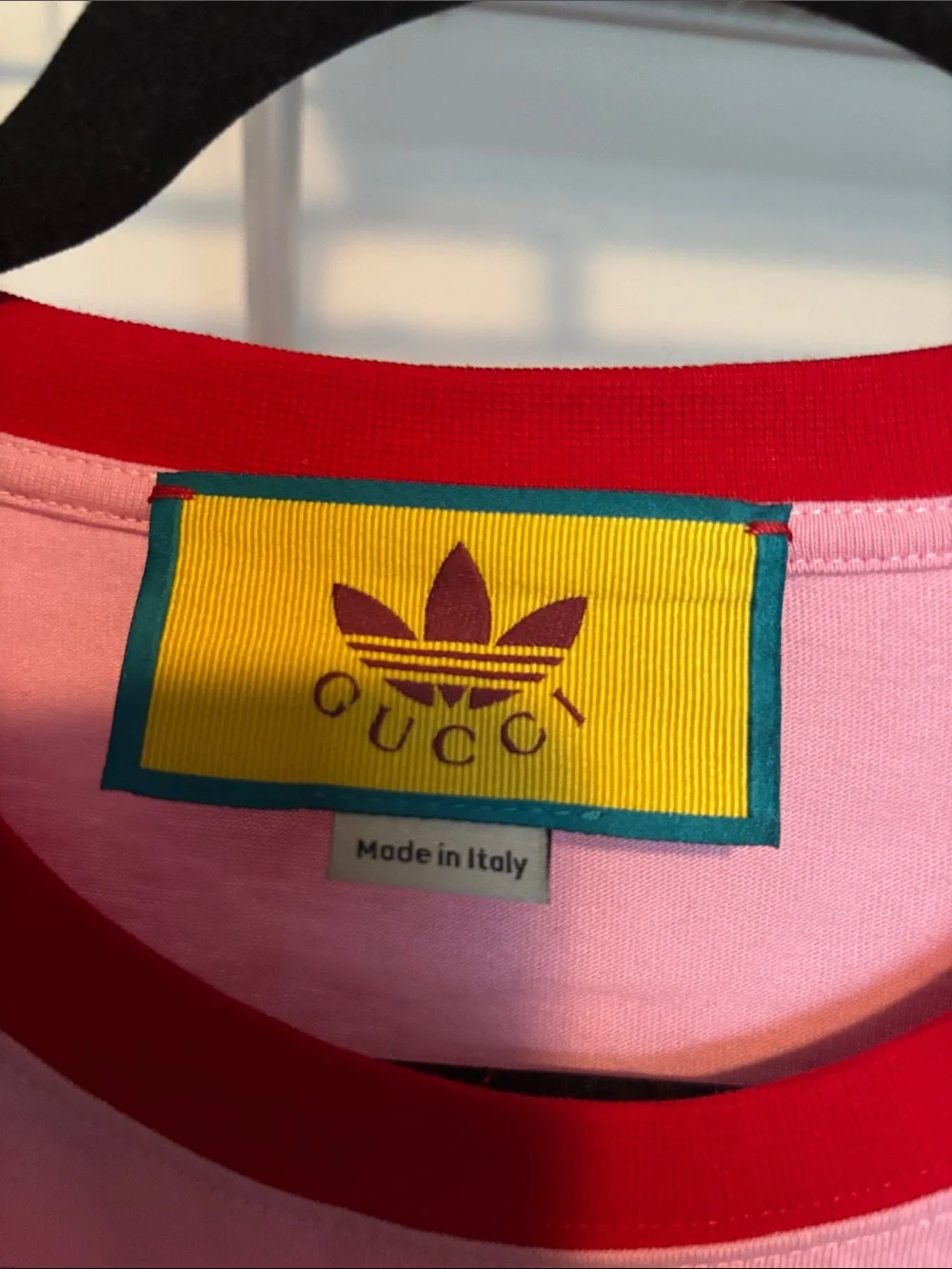Gucci Pink Tee with Red Trim and Navy Logo and Gucci Mushroom Shirts - Picture 2 of 6